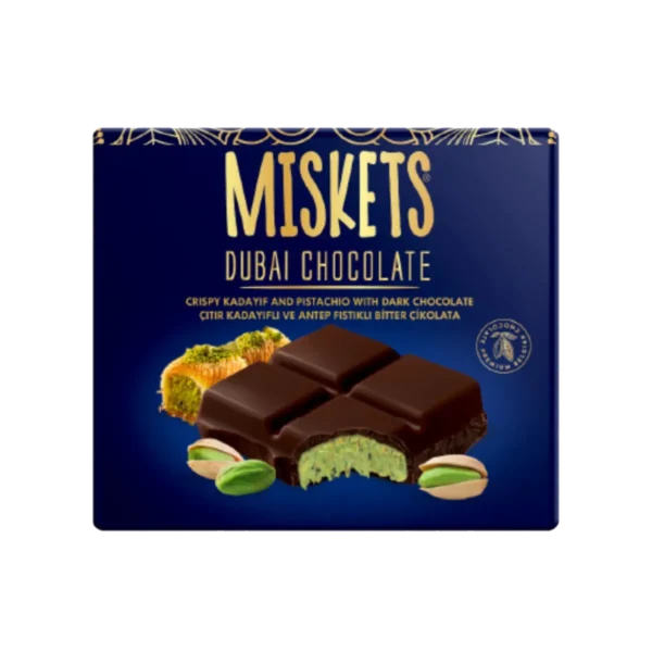 Dubai Mørk Sjokolade 100g fra Misket – mørk sjokolade med pistasjfyll og kadayif, en eksklusiv smak inspirert av Dubai