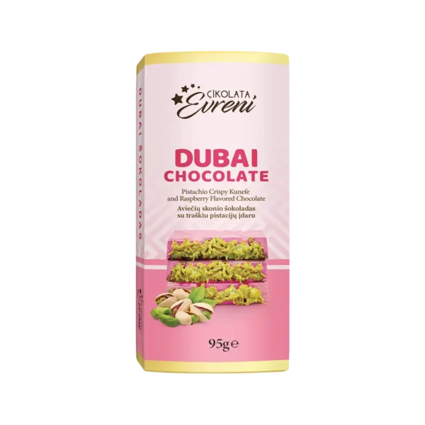 Eureni Dubai Chocolate Pistachio Crispy Raspberry 95g kombinerer silkemyk bringebærkrem med pistasj og crispy lag i ekte Dubai-stil.